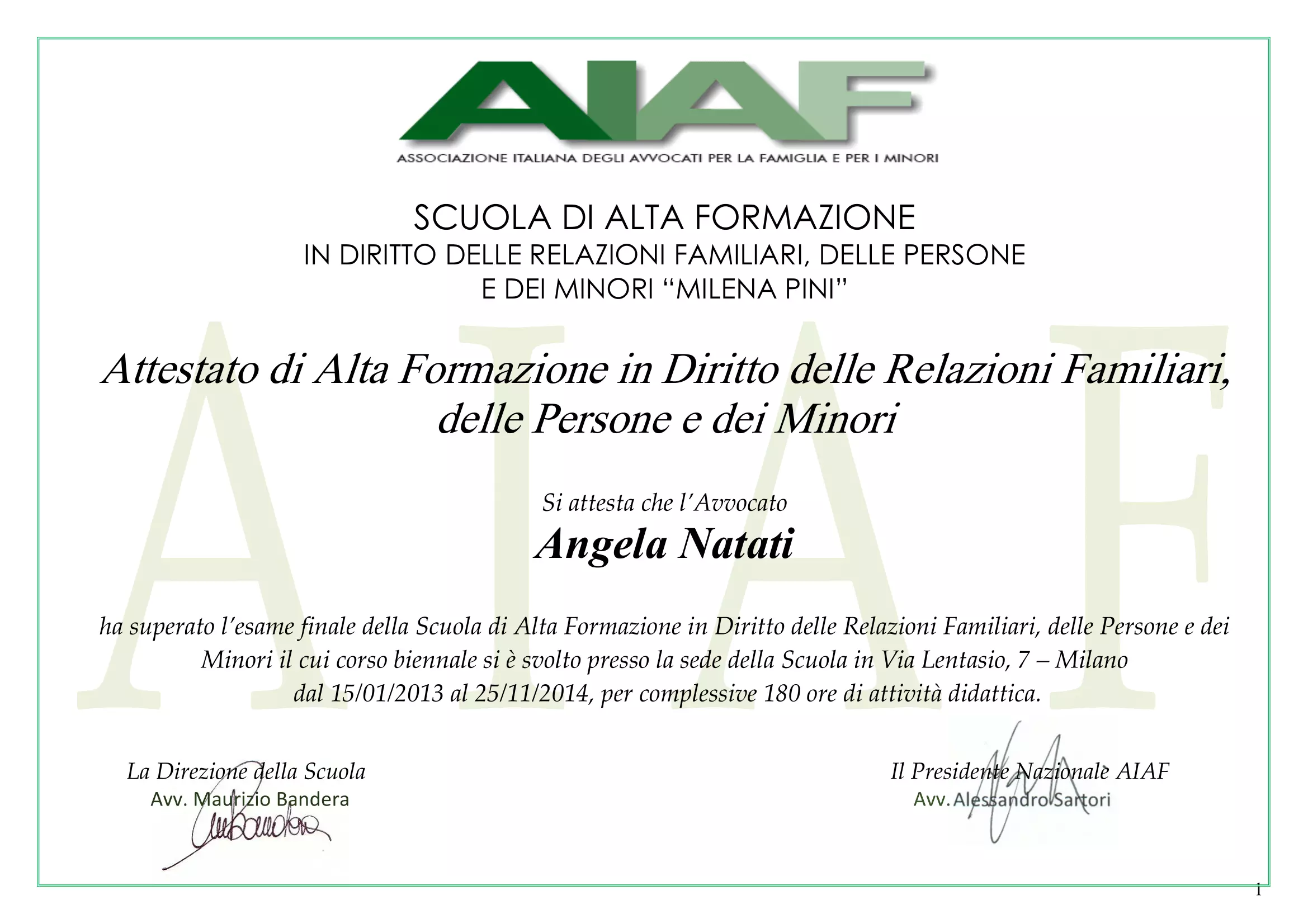 Attestato Associazione Italiana Avvocati per la Famiglia e per i minori (2013)